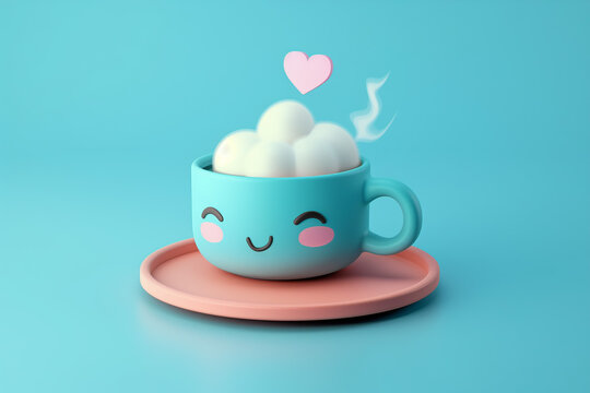 3d cute cup of tea with love icon on blue background