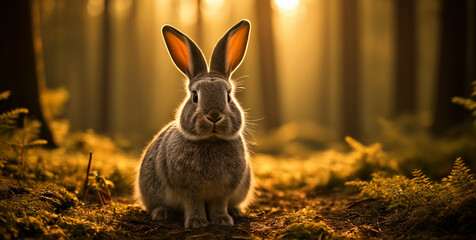 Gray rabbit in the woods, portrait, warm colors, ai generated - obrazy, fototapety, plakaty