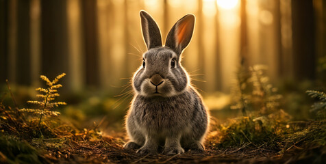 Gray rabbit in the woods, portrait, warm colors, ai generated