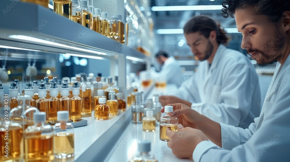 Poster technicians in a modern perfume laboratory, carefully analyze raw materials. generative ai.