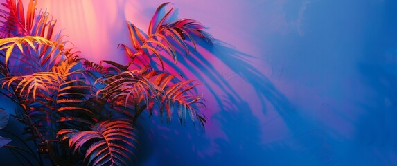 fern plant lights up blue wall, in the style of light magenta and light black