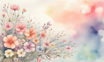 Greeting card. watercolor illustration of a large space for a note with colorful tiny flowers on a soft pastel background with a hint of floral pattern.