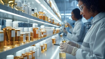 Technicians in a modern perfume laboratory, carefully analyze raw materials. Generative AI.