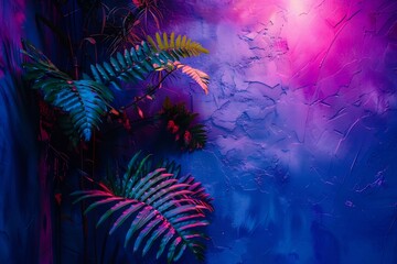 Fototapeta na wymiar fern plant lights up blue wall, in the style of light magenta and light black
