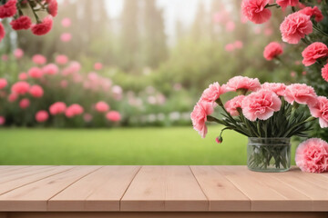 Empty wooden table for product display with Carnation garden background