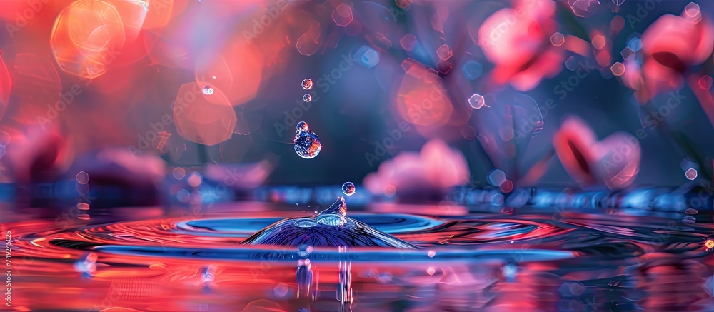 Poster a single water droplet is captured in motion as it falls from above, creating a splash upon entering