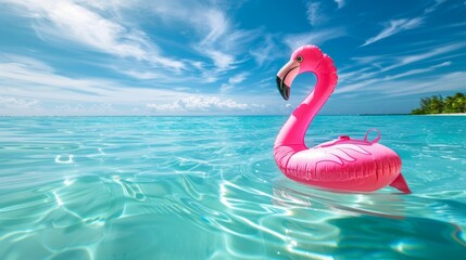 A pink flamingo inflatable float drifting in the crystal-clear waters of a tropical beach under a blue sky.