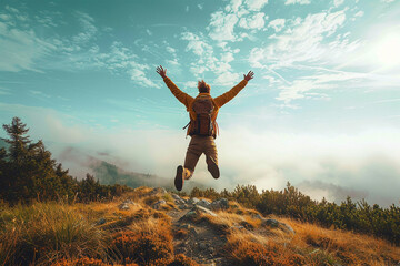 A happy man jumping from a mountainside with his arms raised; a successful hiker enjoying his accomplishments on a cliff; an idea of a life with a young man climbing a woodland walk.