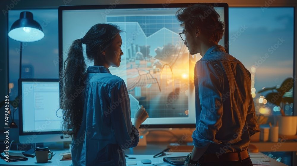 Leinwandbilder two people standing at a computer screen viewing digital design work. generative ai.