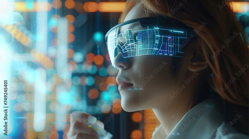 Poster Financial analysts woman use augmented reality (AR) glasses to overlay financial data and charts onto their real-world view. The AR interface could display interactive data points. Generative AI.