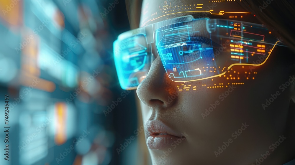 Poster Financial analysts woman use augmented reality (AR) glasses to overlay financial data and charts onto their real-world view. The AR interface could display interactive data points. Generative AI.
