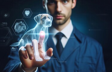  veterinarian,doctor, hand using hologram graphics ,cat,dog.generative ai  art