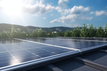  a modern array of solar panels on a house roof, symbolizing a sustainable future and green energy solutions.