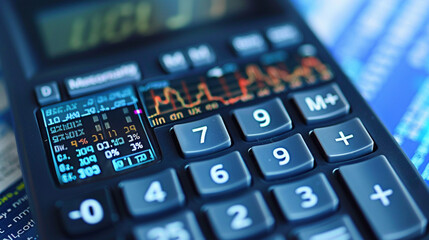 Close-Up of Calculator with Financial Charts Reflected on Screen