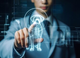  veterinarian,doctor, hand using hologram graphics ,cat,dog.generative ai  art