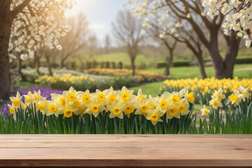 Obraz premium Empty wooden table for product display with daffodil garden background