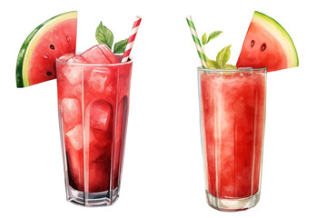 set of two cliparts of watermelon juice / smoothie in a glass, watercolor illustration clipart on transparent background, summer cold drinks