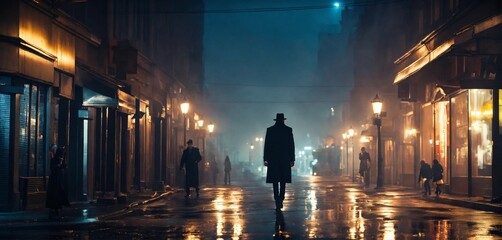 Silhouette of a man in a coat walking in the city at night, cinematic