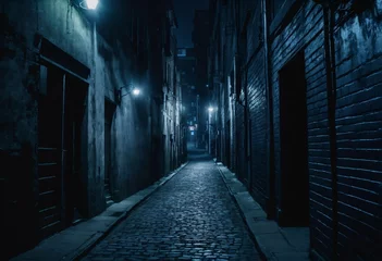 Fotobehang dark alley at night with lights, blue hue © Michael