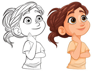 Vector illustration of a thoughtful girl, both colored and outlined.