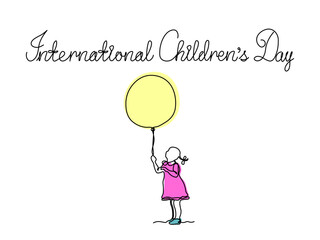 International Children's Day.  Abstract girl with a balloon, continuous single line art drawing sketch