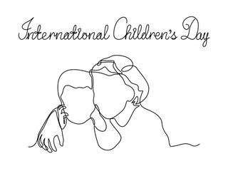 International Children's Day.  Abstract boy and girl, brother and sister, siblings,continuous single line art drawing sketch