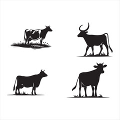 Set of cows. Black silhouette cow isolated on white