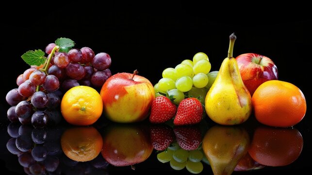 Photo realistic image of delicious ripe fruits. Set collection, isolated on black background. Generative ai