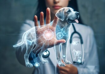  veterinarian,doctor, hand using hologram graphics ,cat,dog.generative ai  art