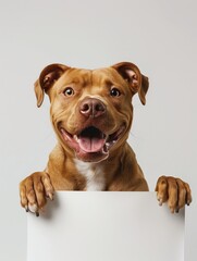 Cute dog holding blank board, and showing it to the camera. white background