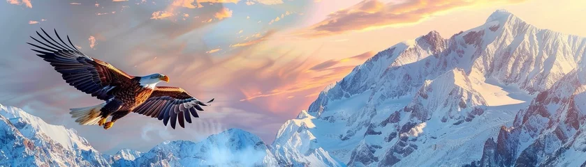 Fotobehang Majestic eagle soaring over snow-capped mountains sunris © Seksan