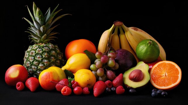 Photo realistic image of delicious ripe fruits. Set collection, isolated on black background. Generative ai