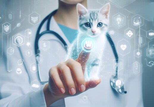 veterinarian,doctor, hand using hologram graphics ,cat,dog.generative ai  art