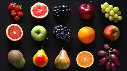 Photo realistic image of delicious ripe fruits. Set collection, isolated on black background. Generative ai - obrazy, fototapety, plakaty