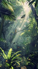 Lush rainforest canopy sunlight filtering through exotic 2
