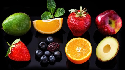 Photo realistic image of delicious ripe fruits. Set collection, isolated on black background. Generative ai - obrazy, fototapety, plakaty
