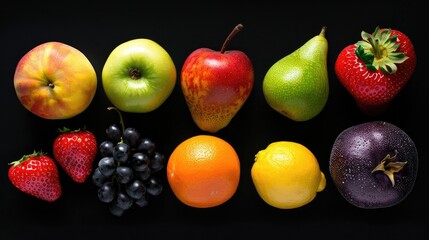 Photo realistic image of delicious ripe fruits. Set collection, isolated on black background. Generative ai