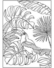 Coloring book for children and adults, parrot bird on a background of tropical leaves. Illustration, sketch, vector