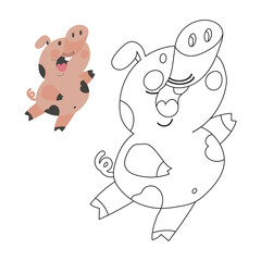 Coloring book for children, cute baby pig. Illustration and sketch, vector