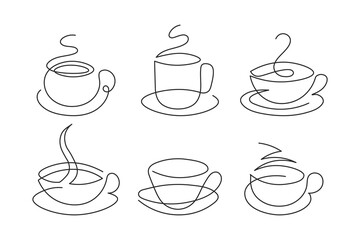 Line art, a set of contour coffee cups. Sketch, vector