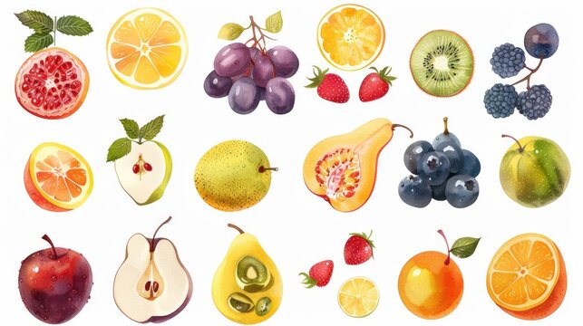 Photo realistic image of delicious ripe fruits. Set collection, isolated on white background. Generative ai