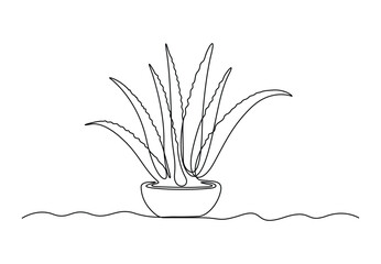 Continuous one line drawing of Aloe vera plant in the pot. Vector illustration. Pro vector