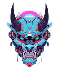 Horned demon head mascot illustration for t-shirt apparel print or sticker design, futuristic style isolated background
