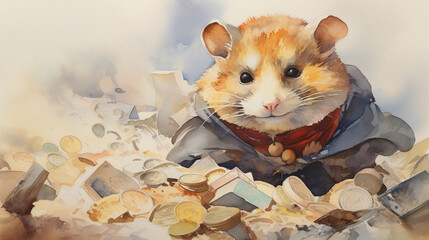 Watercolor scene of a cunning hamster with a mask plotting behind a pile of coins soft pastel colors - obrazy, fototapety, plakaty