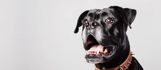 Obraz premium A black dog is shown with its mouth open and tongue out, appearing to be panting or catching its breath. The dog is in an active and energetic state, showing signs of exertion or excitement.