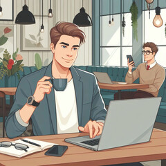 Young Man sitting in a restaurant using laptop, vector illustration