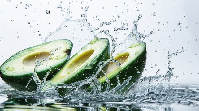 Fresh avocado cut into slices with water drops splash flying in the air and levitate on a white background  