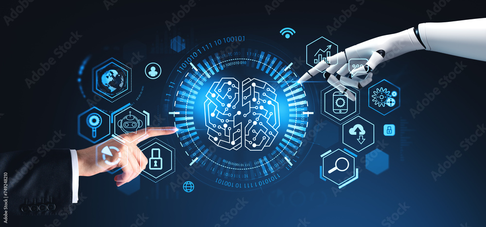 Poster man and robot hand touch ai brain icon
