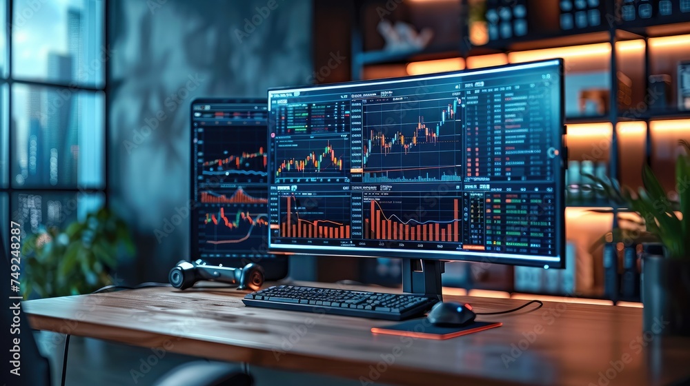 Aufkleber two monitors showing several financial stock charts. generative ai.