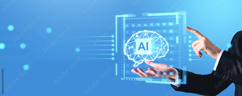 Aufkleber man hands working with ai brain interface